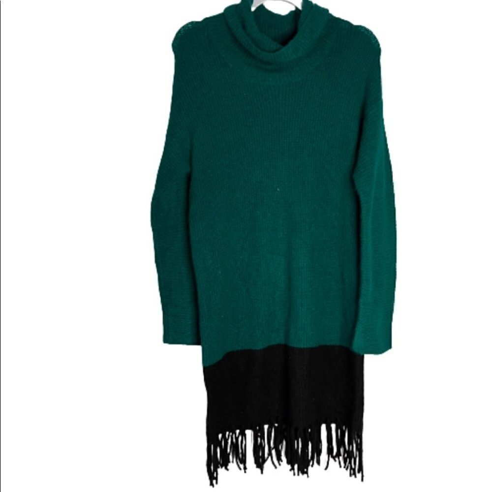 WRANGLER Retro Sz S Teal Knit Cowl Neck Turtleneck Fringe Sweater Dress